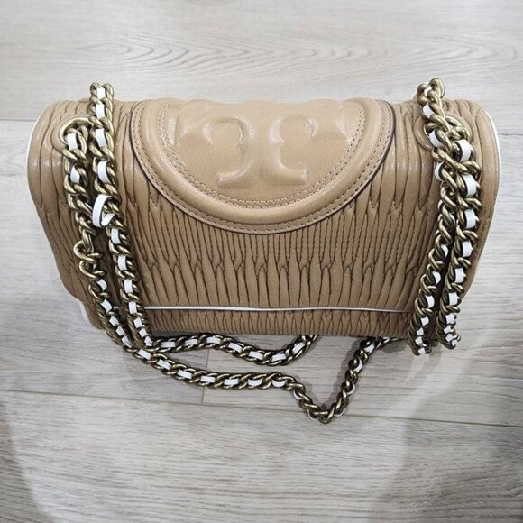 Tory Burch Kira Chevron Convertible Shoulder Bag Beige Leather Gold Chain Strap